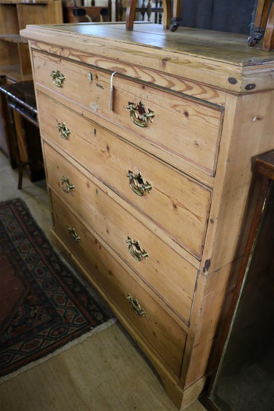 19C pine two-section chest with four long drawers, the upper part fitted brass carrying handles